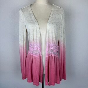 GNW Y2K Ombre Pink Lace Trim Open Cardigan Sweater Womens Long Sleeve Open Front